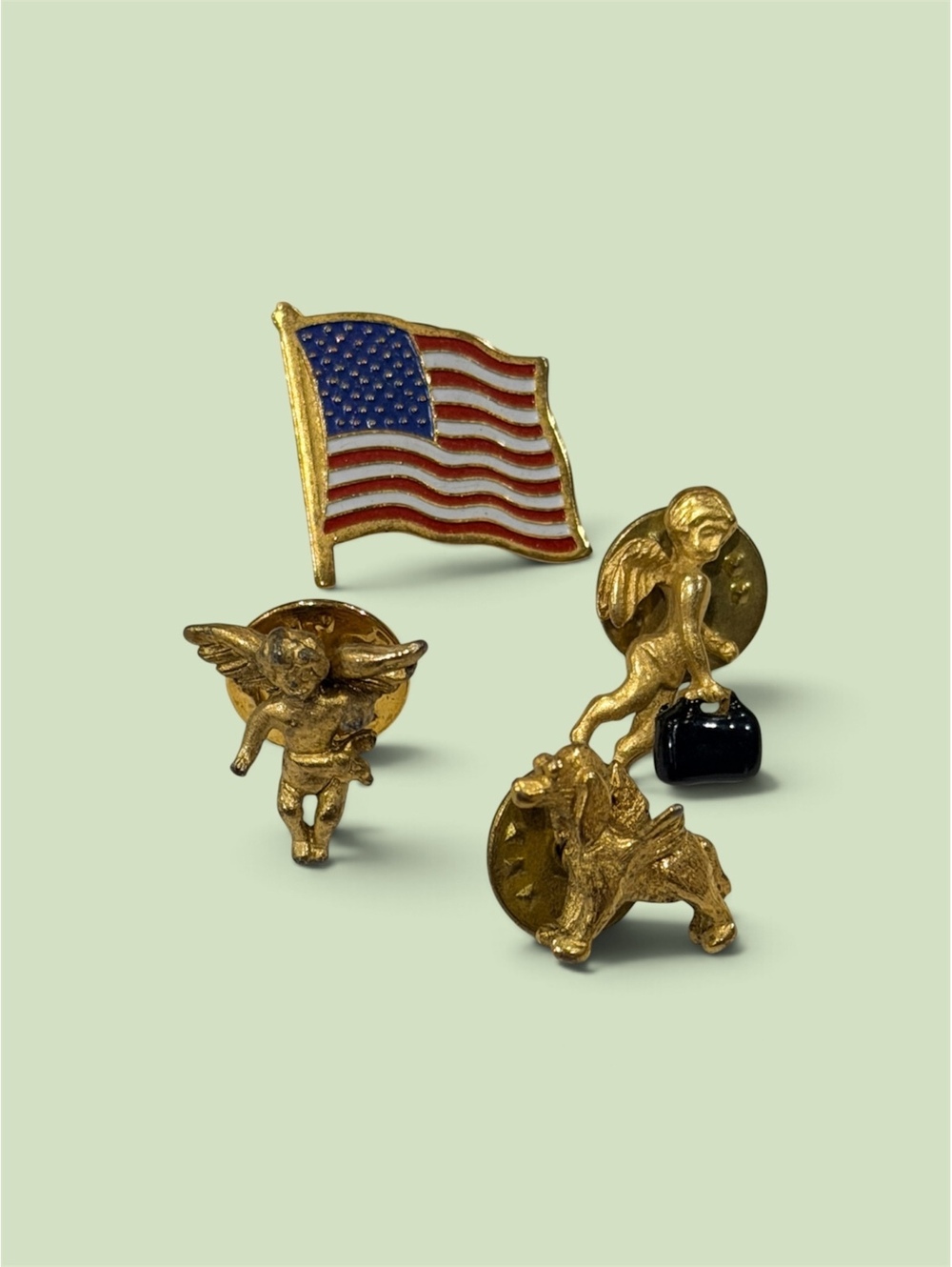 Vintage Set of 3 Gold Tone Angel Pins and 1 American Flag Pin